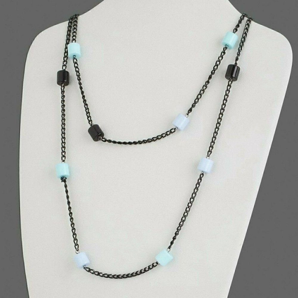 Vintage 80s Blue Green Lucite Beads Long Black Metal Chain Necklace